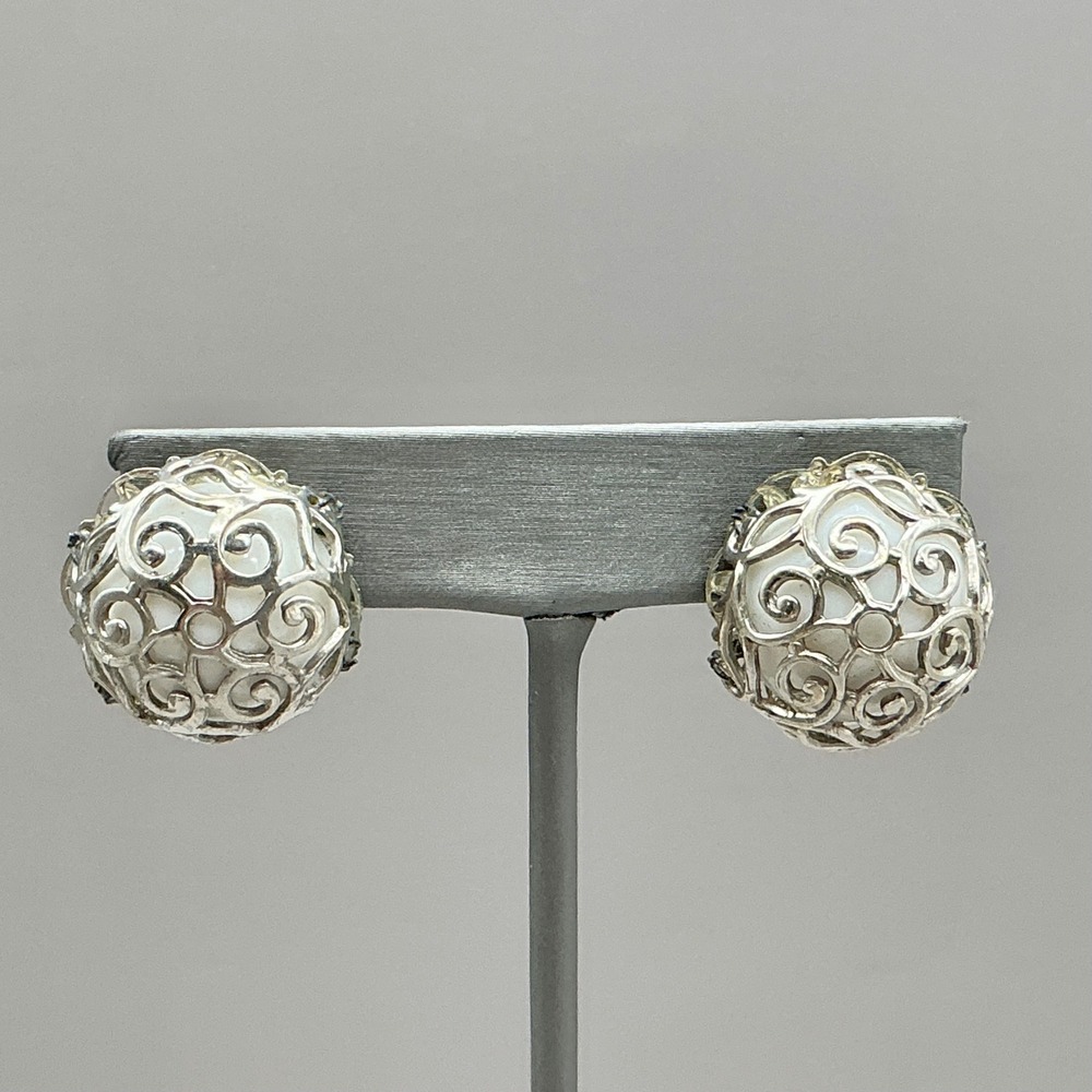 Hobe Earrings Vintage Silver Tone White Lucite Filigree Dome Clip On Signed 1"